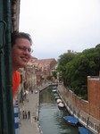 Jason with head out our hotel window